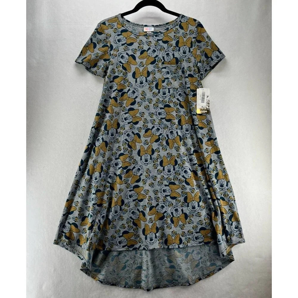 LuLaRoe Dress Size XS Carly Swing Minnie Mouse Short Sleeve Hi Low Stretch Gray